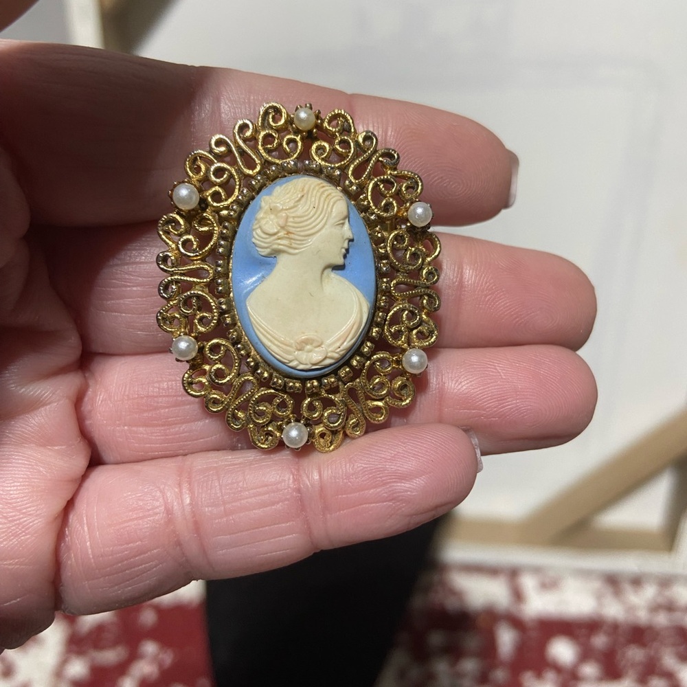Vintage J. J. Jonette Blue Victorian Revival Cameo Brooch